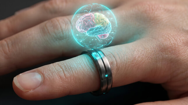 Futuristic smart ring with brain hologram, wearable technology for health monitoring, digital neural interface on human hand