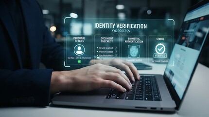 Fototapeta premium Person using laptop for online identity verification and kyc process
