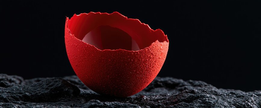 A cracked red eggshell rests on a dark, textured surface against a black background.