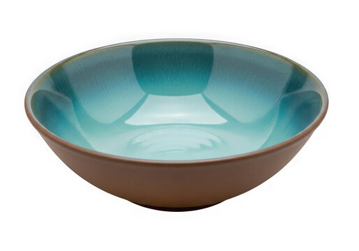 A ceramic bowl with a bright blue interior and a rustic brown exterior finish isolated on transparent background