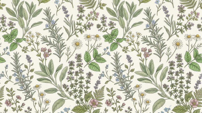 Herbal botanicals with sage, rosemary, lavender, daisies and mint leaves on vintage textured background.