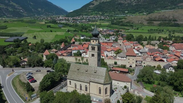 Drone Orbit Around Church and Medieval Walled Town of Glurns Italy