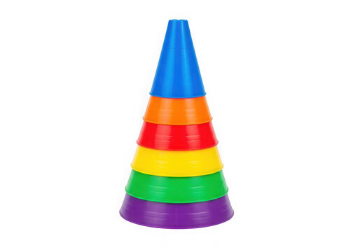 Colorful plastic stacking pyramid toy for kids learning shapes and bright colors isolated on transparent background