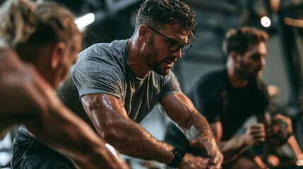 Obraz premium Athlete rests during a demanding indoor cycling class while wearing glasses and sweat-soaked athletic gear under the moody and atmospheric lighting of a modern fitness facility near city buildings.