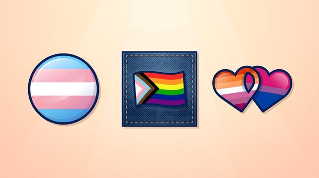 Vector illustration set of LGBTQ+ pride icons featuring a round transgender flag button badge, a Progress Pride flag denim patch, and intertwined lesbian and bisexual flag heart shapes