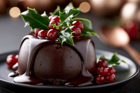 Weihnachtspudding mit Stechpalme steht glasiert auf dunklem Teller