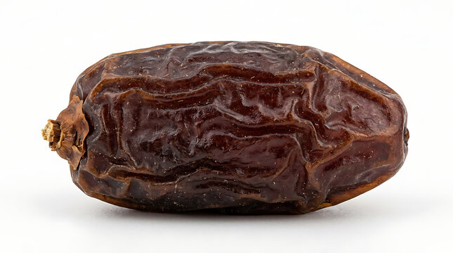 Close-up of a single dark brown pitted date fruit on a neutral background