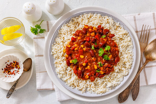 Vegetarian Chili Sin Carne over steamed rice