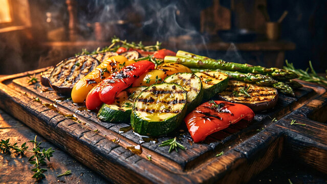 Freshly grilled vegetables with char marks on wooden board dramatic side light wide, grilled vegetable concept, charred grill marks close-up, plant-based grilled food