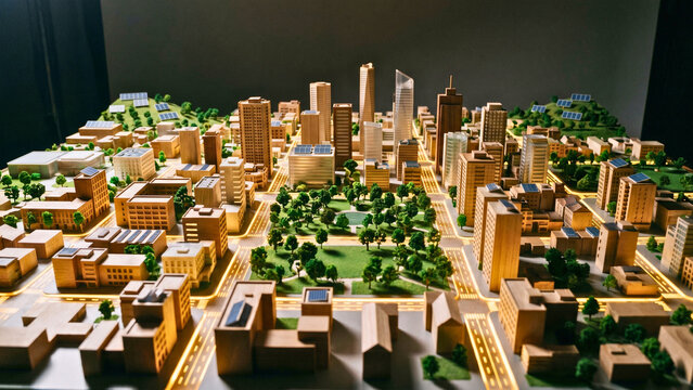 Smart city architectural scale model with LED streets and green spaces dramatic wide, smart city concept model, urban planning scale model, future city design concept, smart infrastructure model