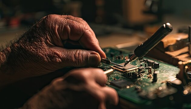 Close-up of Hands Repairing a Computer Motherboard with Tools.