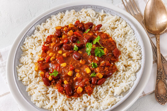 Rajma Masala served with Rice on a plate