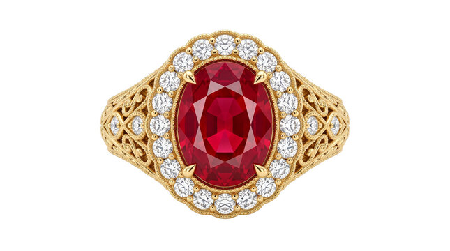 Vintage ruby gold ring with diamond halo, elegant filigree engagement jewelry, luxury red gemstone cocktail ring isolated PNG with Transparent Background