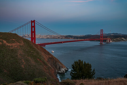 Beautiful scenic view of Golden Gate Bridge from Marin Headlands at twilight