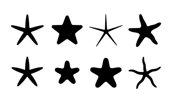 Set of various black starfish silhouettes isolated on white background