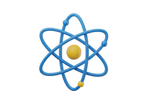 3d render of a blue atom icon with a yellow nucleus and small orbiting electrons isolated on transparent background