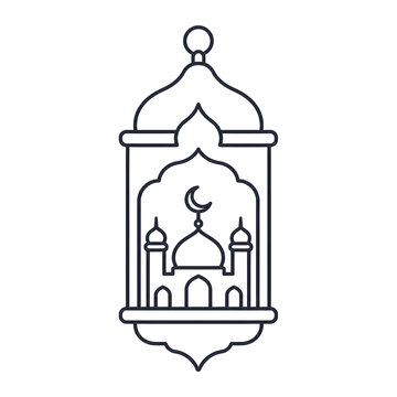 Minimalist Islamic Fanous Lantern Line Art with Mosque and Crescent Moon Silhouette on Black Background