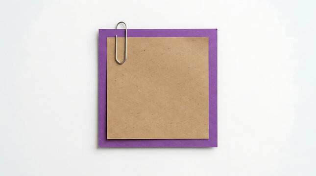 Clipboard with brown paper and purple frame holding a yellow sticky note