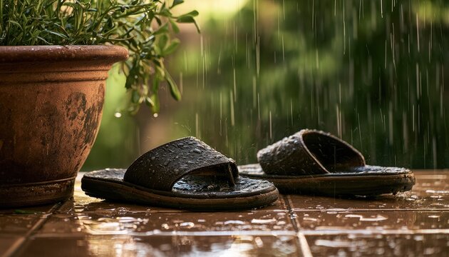Pair of dark sandals resting on a wet tiled surface during a rain shower.