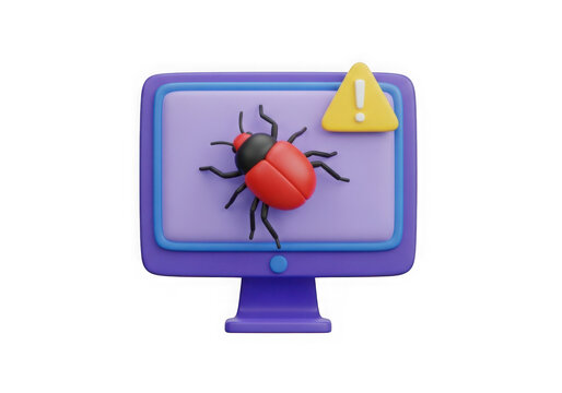 A3d rendered computer monitor featuring a red software bug and a yellow warning triangle sign, isolated on a solid black background surface isolated on a transparent background