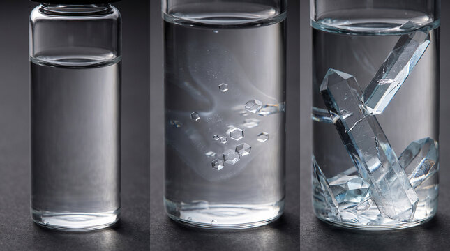 Crystallization Chemical Process Before and After Scientific Macro Photography Crystal Growth from Solution