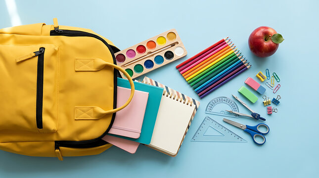 Colorful school supplies arranged on a light blue surface with a brown backpack