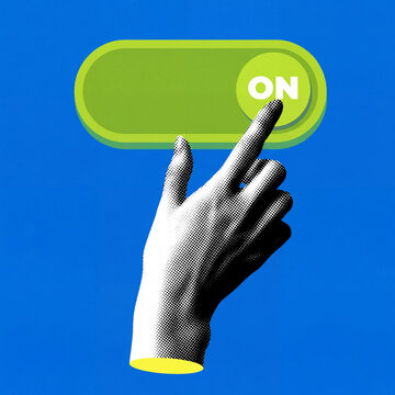A stylized hand with a dot-work texture presses an "ON" toggle switch against a vibrant blue background.