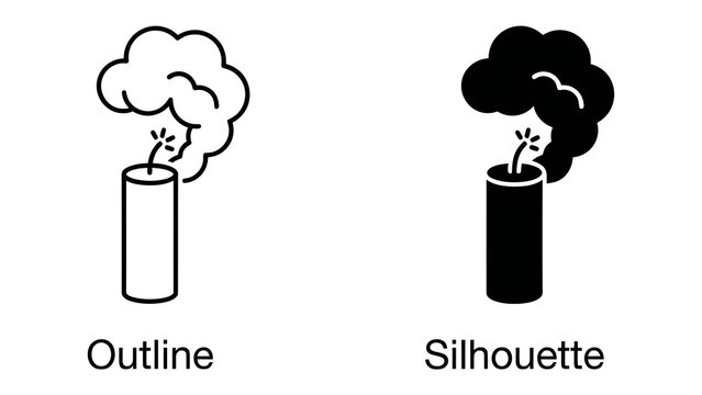 Dynamite Icon Set: A clear outline and a solid silhouette of dynamite, showcasing the fuse burning and smoke emanating, perfect for representing power, danger, or explosive ideas.