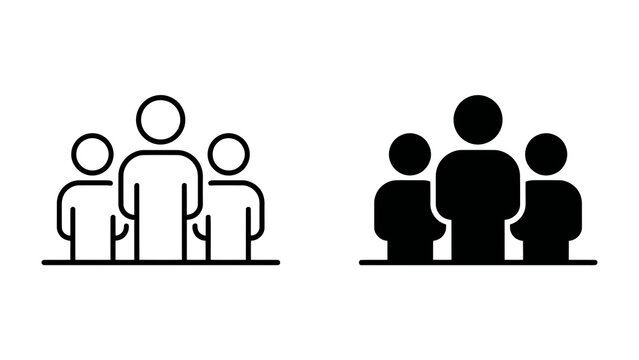 Group Iconography: A clean, minimalist representation of a group of three people, depicted in both outline and solid black silhouette, symbolizing community, teamwork, or a small gathering.