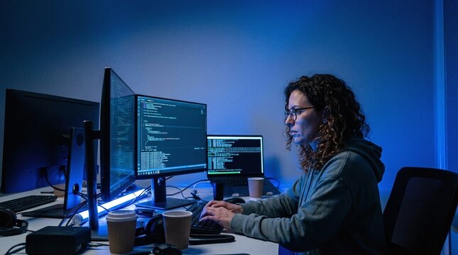 Software Engineer Typing at Computer Desk at Night