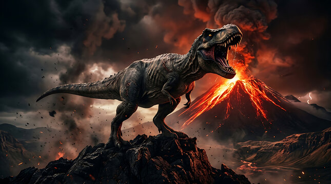 Dark fantasy dragon emerging from fiery volcanic landscape with smoke and flames