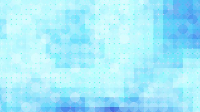 Abstract blue geometric pixelated loop background with grid of shifting dots and transparent overlapping elements in motion