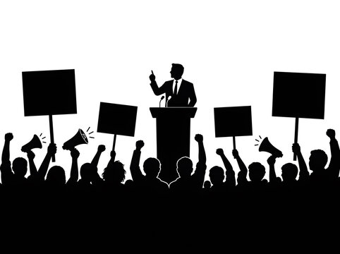 Silhouette of a political speaker at a podium addressing an energetic crowd with protest signs and megaphones at a public rally or demonstration