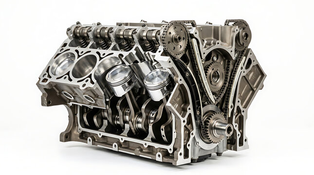 Close-up view of powerful silver engine block with detailed mechanical parts