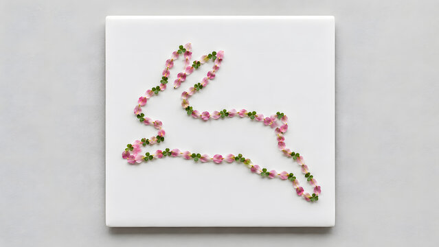 A Creative Floral Outline Layout of a Jumping Rabbit Formed by Tiny Pink Rose Petals and Green Leaves on a White Canvas