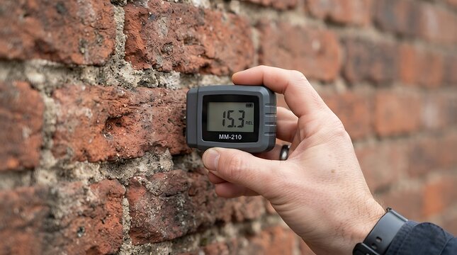 Person using a digital moisture meter on an old brick wall