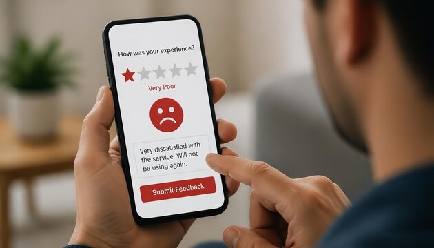 Frustrated customer holding smartphone while leaving very poor online feedback about unsatisfactory services in a modern minimalist home interior setting