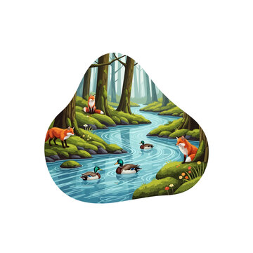 Scenic forest illustration with foxes and ducks by river