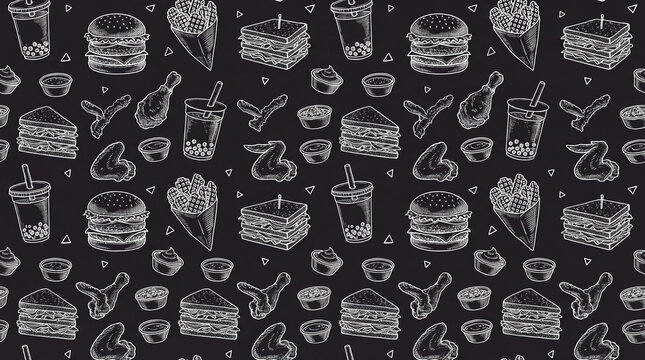 A repeating pattern of vintage-style, hand-drawn fast food illustrations on a black background.
