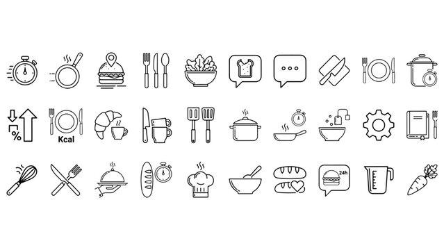 Food and drink icons like burger salad bread tea coffee cooking utensils.