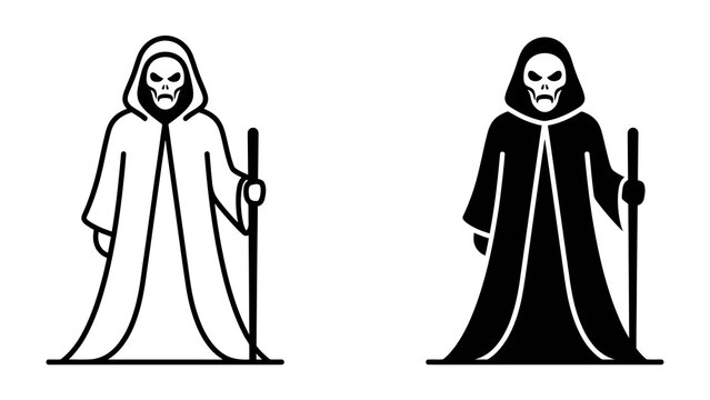 Grim Reaper Icon Set: Two stylized illustrations depict the Grim Reaper, one in black and white outline and the other in solid black, each holding a staff, symbolizing mortality and the unknown.