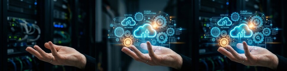Obraz premium Hand holding digital cloud computing network hologram