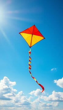 Kite flying high in the sky with tail streaming, wind, fly