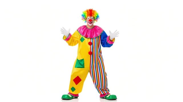 A happy clown in a colorful costume isolated on white background