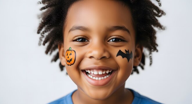 Portrait of a happy young boy with pumpkin and bat face paint isolated on white background