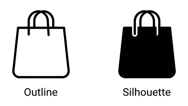 Shopping Bag Icon: A clear and simple graphic representation of a shopping bag, presented in both outline and silhouette forms, perfect for e-commerce and retail design.