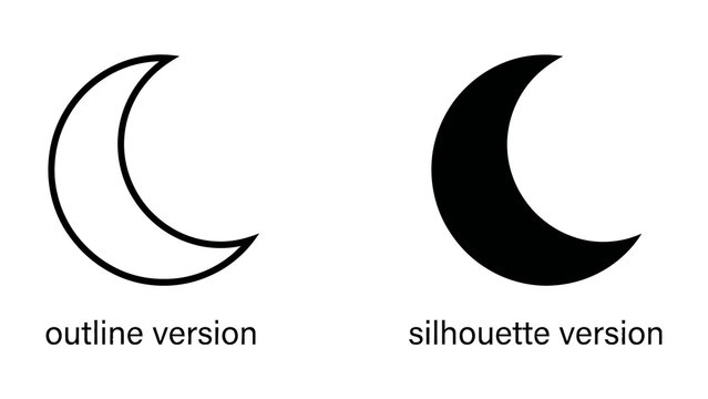 Crescent Moon Iconography: A graphic representation featuring a crescent moon in both outline and silhouette versions, symbolizing night, dreams, and celestial phenomena.