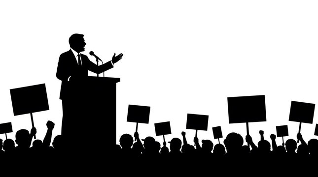Silhouette of a politician giving a speech at a podium before a large cheering crowd holding protest signs in a black and white vector illustration