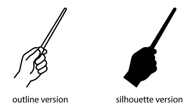 Hand Holding Baton Outline and Silhouette: A close-up view showcases two hands, one in an outline drawing and the other as a black silhouette, each holding a conductor's baton.