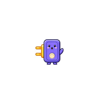 Cute purple electric plug character waving hand with a happy face in a simple cartoon style